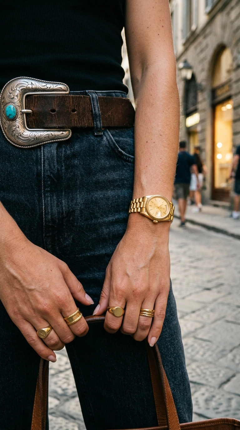 Close-up of a silver oversized Western-style belt buckle paired with gold rings and a gold watch, showing a lack of harmony in metal tones, photorealistic luxury editorial fashion street style, shot on 35mm lens, highly detailed, ultra-realistic, soft natural lighting, editorial aesthetic, no text --ar 9:16