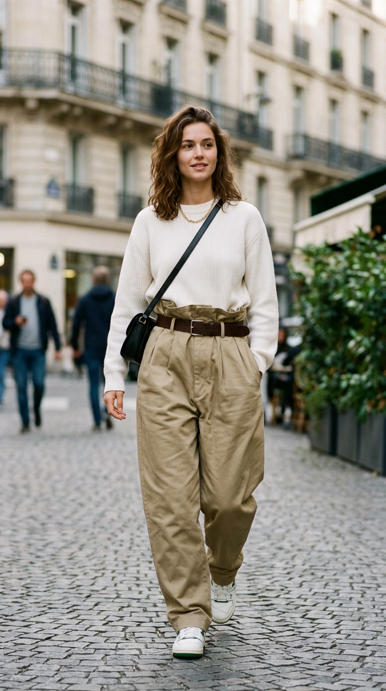 A full-body shot of a woman wearing oversized high-waisted khaki pants that are cinched so tightly they are folding in on themselves under the belt, photorealistic luxury editorial fashion street style, shot on 35mm lens, highly detailed, ultra-realistic, soft natural lighting, editorial aesthetic, no text --ar 9:16