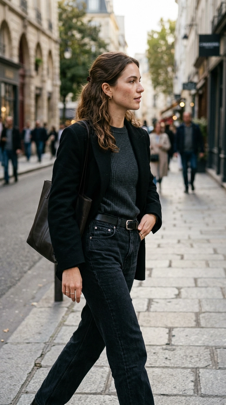 A side profile of a woman in high-waisted black jeans where the belt has slipped below the waistband, creating a gap and a slouchy appearance, photorealistic luxury editorial fashion street style, shot on 35mm lens, highly detailed, ultra-realistic, soft natural lighting, editorial aesthetic, no text --ar 9:16