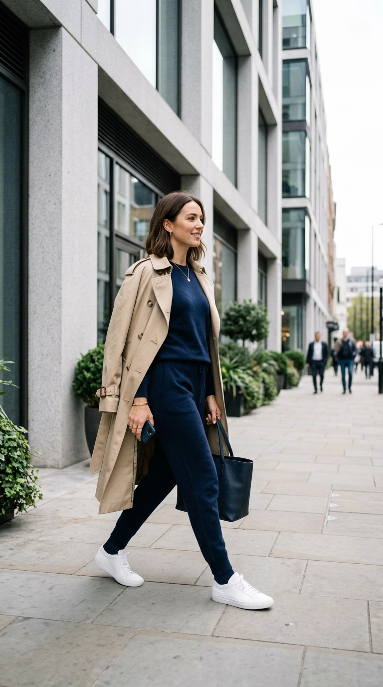 A chic woman in a coordinated navy cashmere loungewear set, wearing an oversized beige trench coat draped over her shoulders, sleek white leather sneakers, walking past a modern minimalist building, photorealistic luxury editorial fashion street style, shot on 35mm lens, highly detailed, ultra-realistic, soft natural lighting, editorial aesthetic, no text --ar 9:16