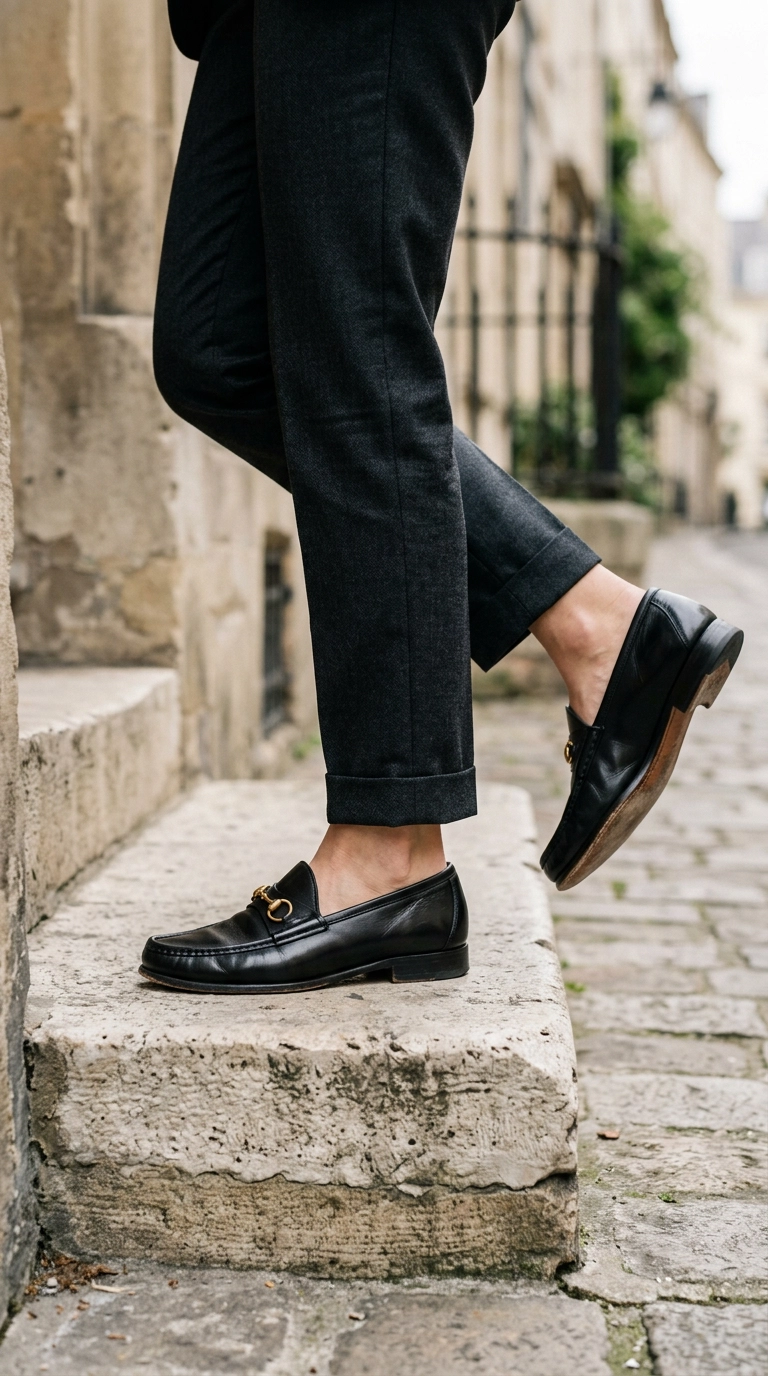 Close-up shot of polished black leather loafers and perfectly tailored ankle-length trousers, stepping onto a clean limestone step, focus on the texture of the leather, photorealistic luxury editorial fashion street style, shot on 35mm lens, highly detailed, ultra-realistic, soft natural lighting, editorial aesthetic, no text --ar 9:16