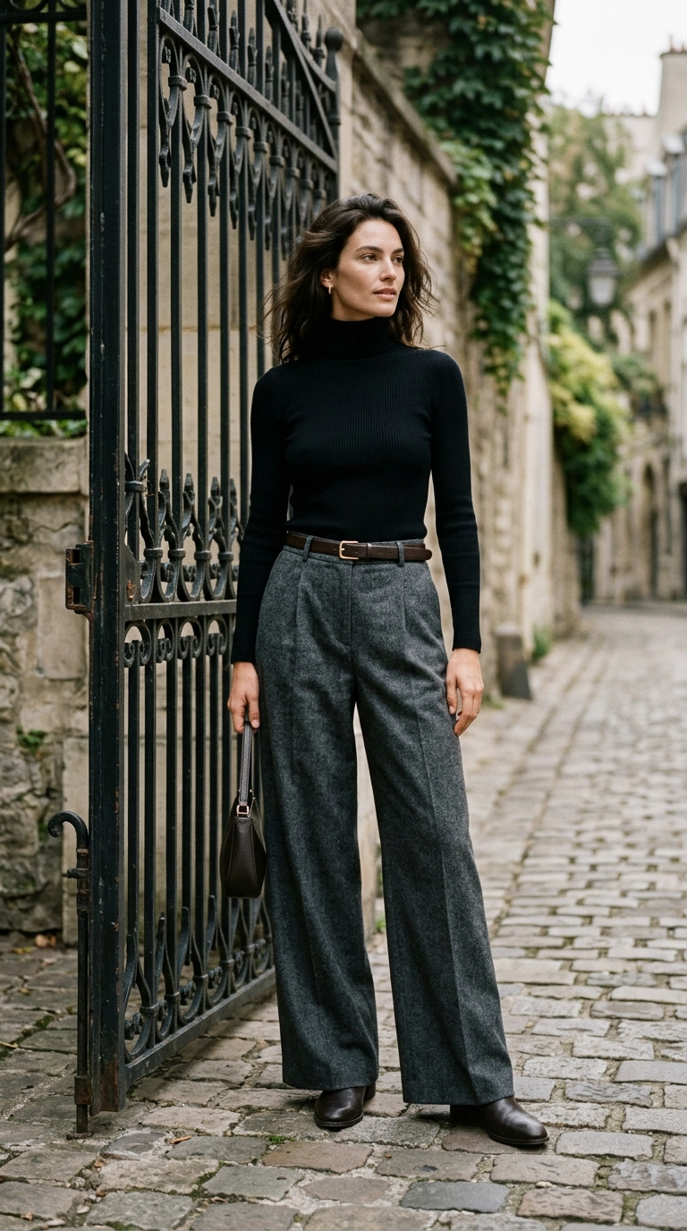 A tall woman wearing wide-leg charcoal wool trousers and a slim-fitting black turtleneck, a thin leather belt cinching the waist, standing near a classic wrought-iron gate, photorealistic luxury editorial fashion street style, shot on 35mm lens, highly detailed, ultra-realistic, soft natural lighting, editorial aesthetic, no text --ar 9:16
