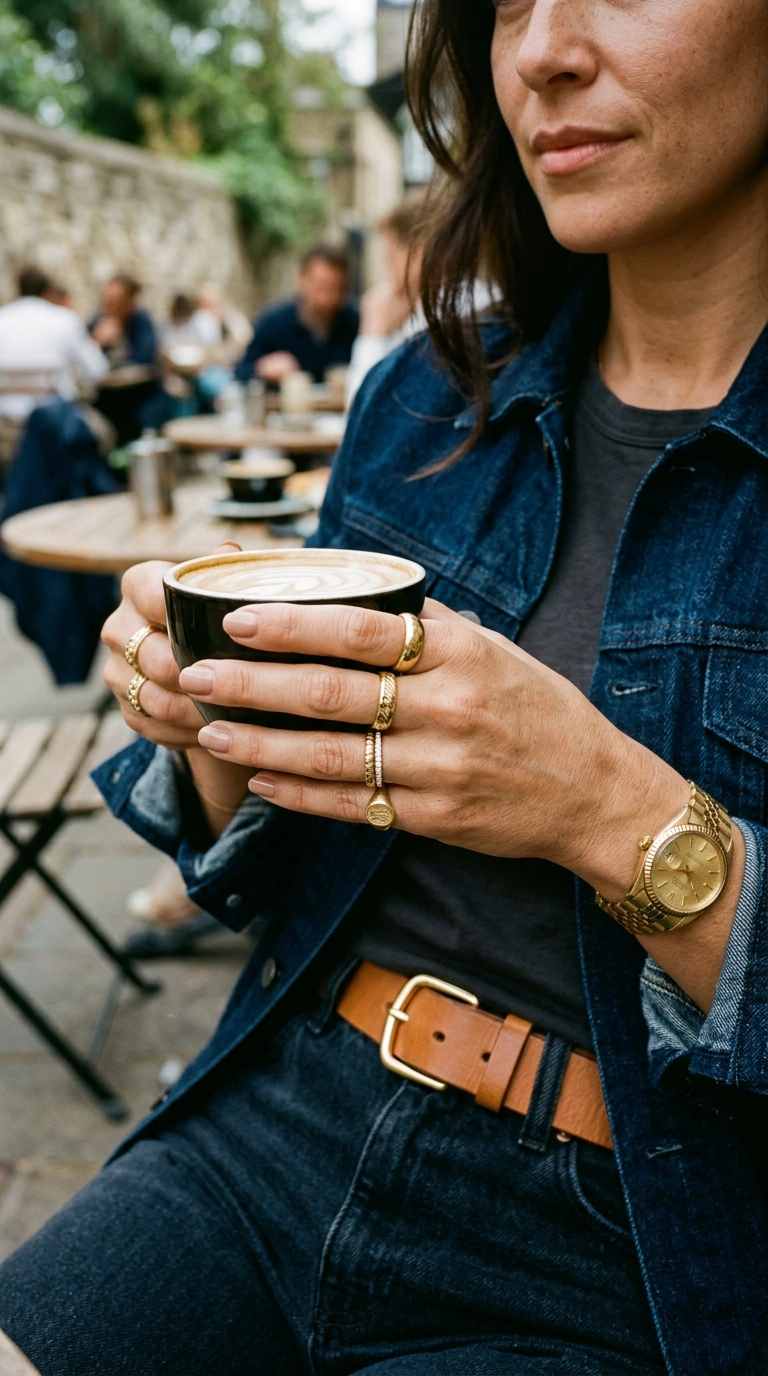 A close-up of a woman's hands holding a latte, wearing gold stacked rings, a classic gold watch, and a structured leather belt over dark denim, photorealistic luxury editorial fashion street style, shot on 35mm lens, highly detailed, ultra-realistic, soft natural lighting, editorial aesthetic, no text --ar 9:16
