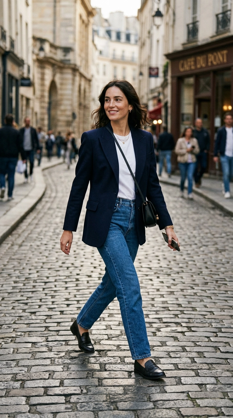 A woman in a perfectly fitted navy blazer with sharp shoulders, white t-shirt tucked into straight-leg blue jeans, walking across a cobblestone street, photorealistic luxury editorial fashion street style, shot on 35mm lens, highly detailed, ultra-realistic, soft natural lighting, editorial aesthetic, no text --ar 9:16