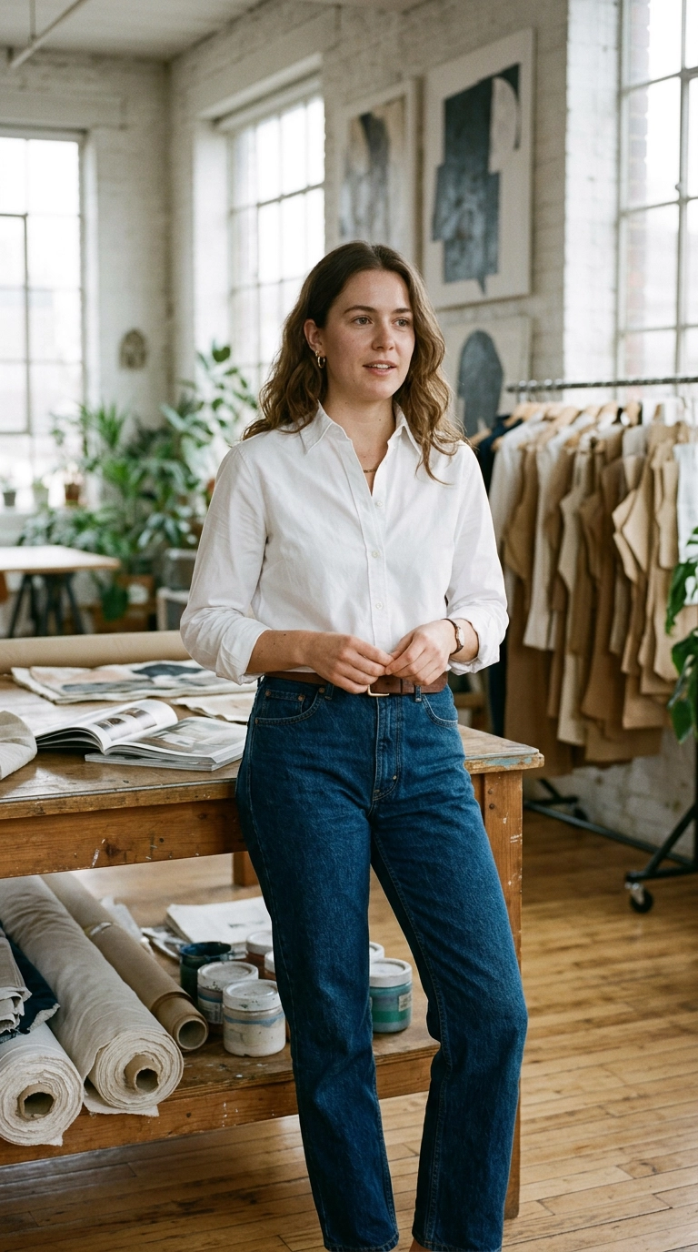A crisp white button-down shirt tucked into dark indigo denim, the fabric is smooth and perfectly pressed, a woman standing in a bright airy studio, photorealistic luxury editorial fashion street style, shot on 35mm lens, highly detailed, ultra-realistic, soft natural lighting, editorial aesthetic, no text --ar 9:16