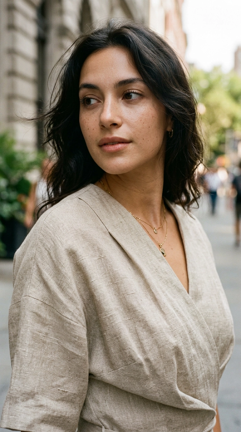 Close-up of a high-quality linen and silk fabric blend, showing rich texture and natural weave, photorealistic luxury editorial fashion street style, shot on 35mm lens, highly detailed, ultra-realistic, soft natural lighting, editorial aesthetic, no text, --ar 9:16