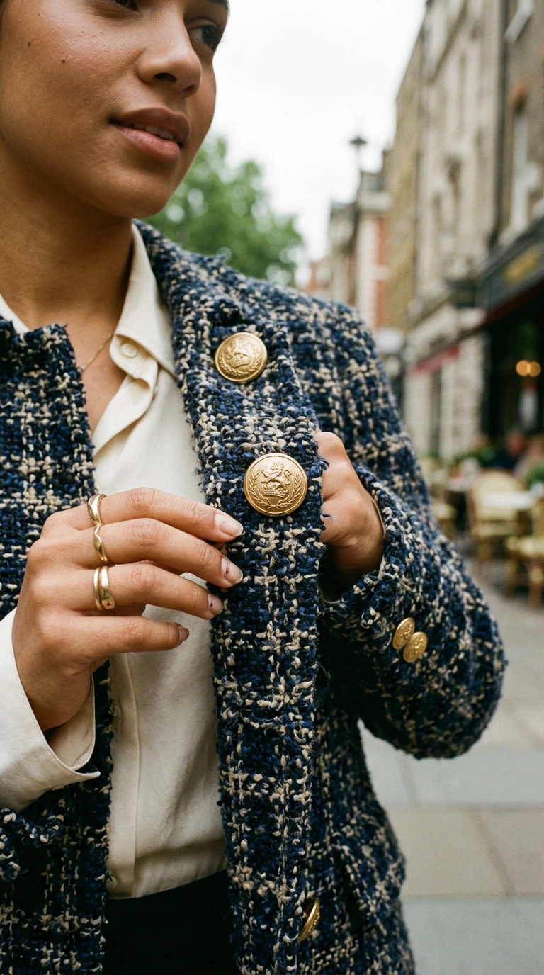 Detail shot of high-quality gold-toned metal buttons on a structured tweed jacket, photorealistic luxury editorial fashion street style, shot on 35mm lens, highly detailed, ultra-realistic, soft natural lighting, editorial aesthetic, no text, --ar 9:16