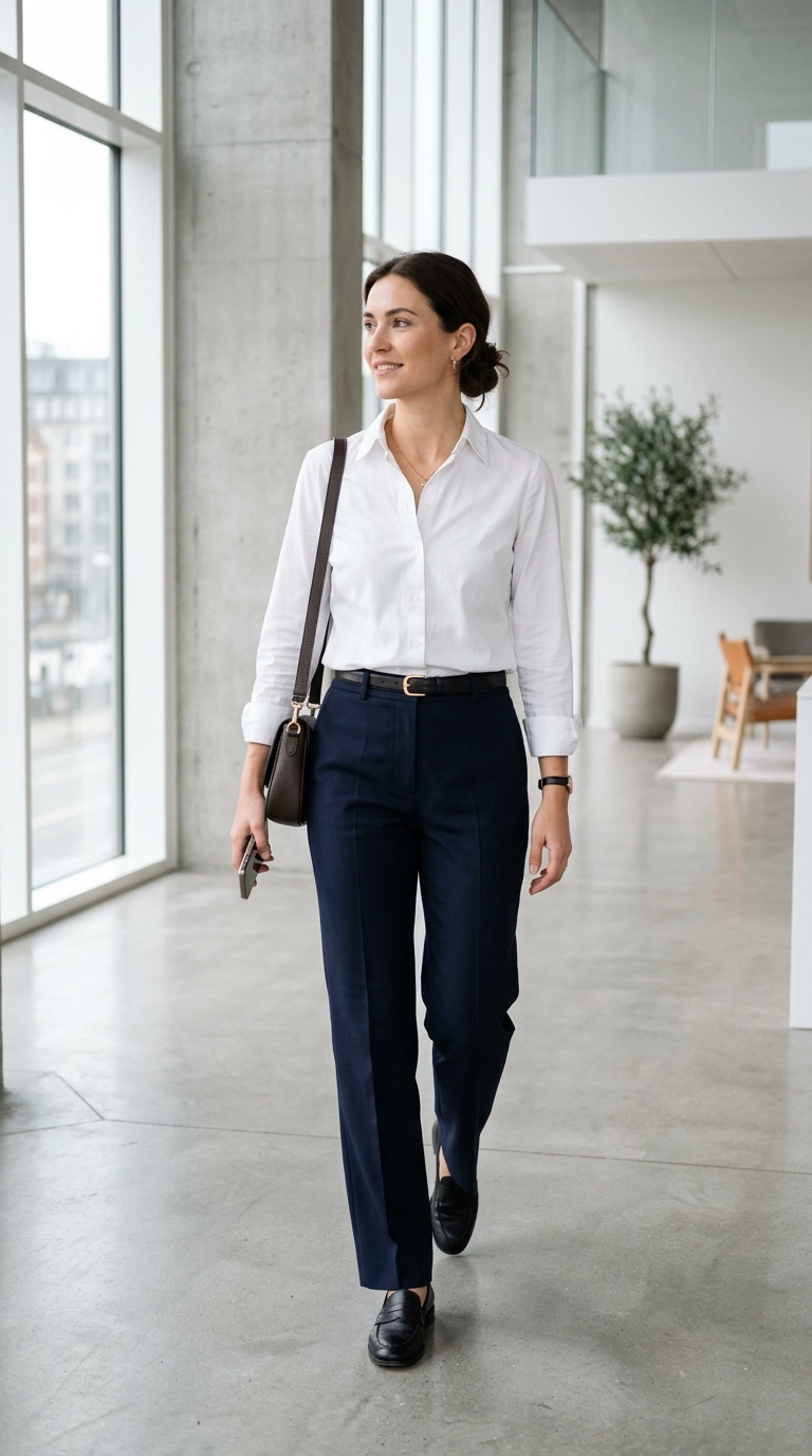 A woman in a crisp, perfectly pressed white button-down shirt tucked into tailored navy trousers, standing in a bright minimalist room, photorealistic luxury editorial fashion street style, shot on 35mm lens, highly detailed, ultra-realistic, soft natural lighting, editorial aesthetic, no text, --ar 9:16