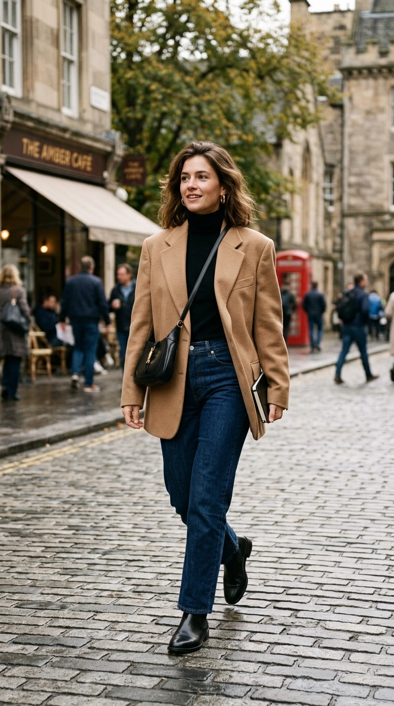 A woman wearing an oversized camel blazer with a slim-fitting turtleneck and straight-leg jeans, balanced proportions, photorealistic luxury editorial fashion street style, shot on 35mm lens, highly detailed, ultra-realistic, soft natural lighting, editorial aesthetic, no text, --ar 9:16