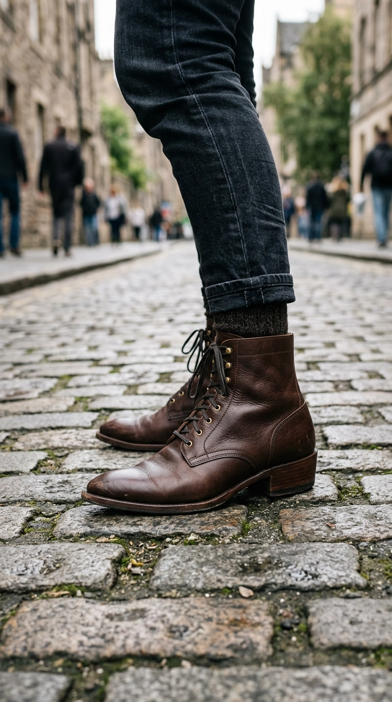 Close-up of high-quality leather pointed-toe boots on a cobblestone street, clean lines and sturdy construction, photorealistic luxury editorial fashion street style, shot on 35mm lens, highly detailed, ultra-realistic, soft natural lighting, editorial aesthetic, no text, --ar 9:16