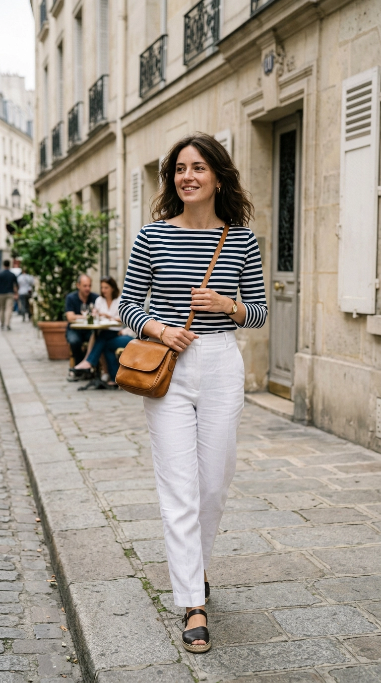 A woman wearing a timeless navy and white striped Breton top with white trousers, classic aesthetic, photorealistic luxury editorial fashion street style, shot on 35mm lens, highly detailed, ultra-realistic, soft natural lighting, editorial aesthetic, no text, --ar 9:16