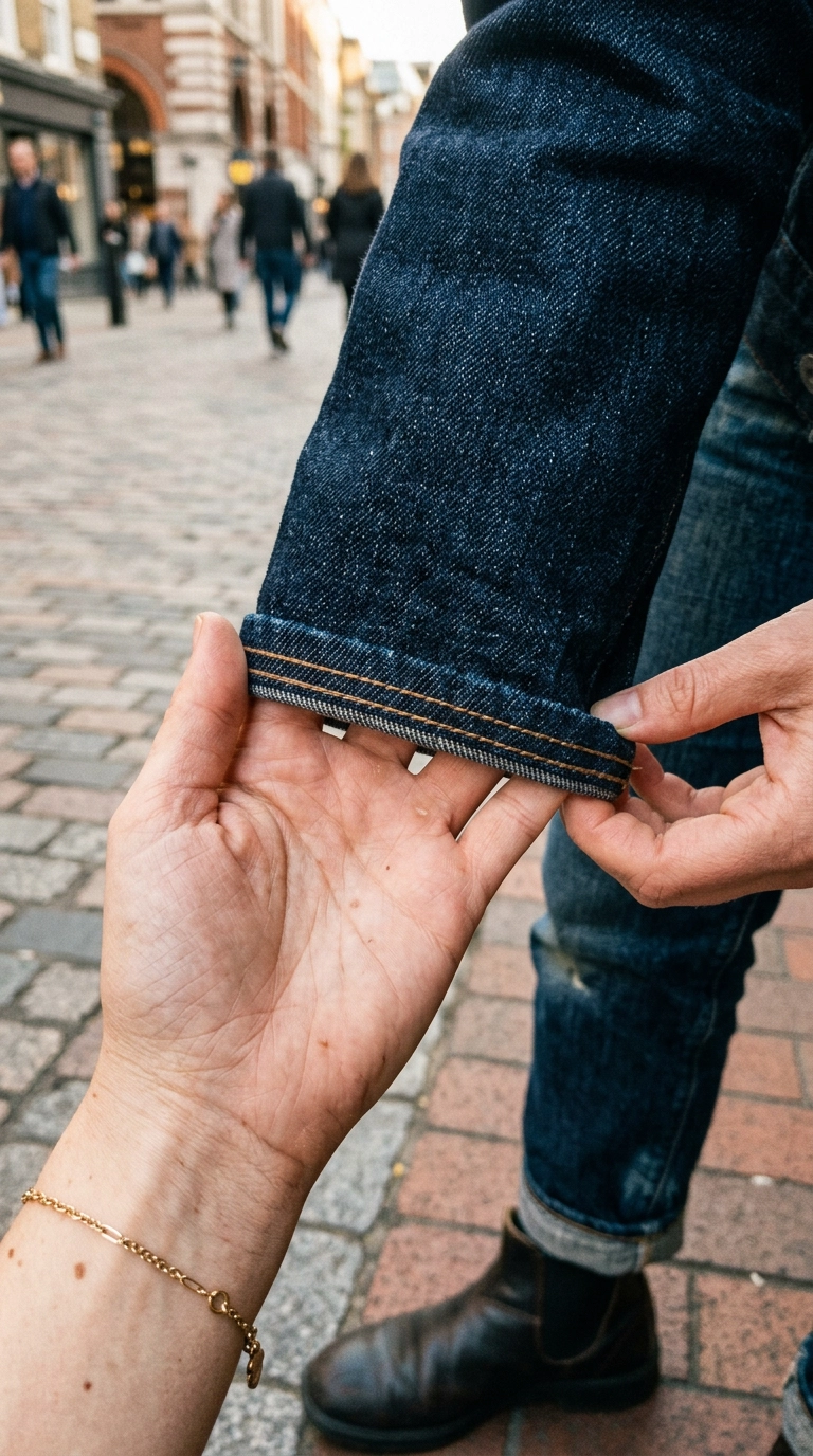 Close up of a perfectly straight, double-stitched hem on a luxury denim garment, photorealistic luxury editorial fashion street style, shot on 35mm lens, highly detailed, ultra-realistic, soft natural lighting, editorial aesthetic, no text, --ar 9:16