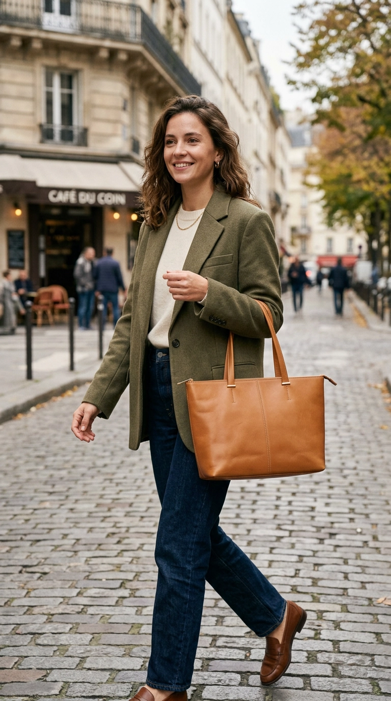 A woman holding a minimalist, unbranded tan leather tote bag with clean stitching and gold accents, photorealistic luxury editorial fashion street style, shot on 35mm lens, highly detailed, ultra-realistic, soft natural lighting, editorial aesthetic, no text, --ar 9:16