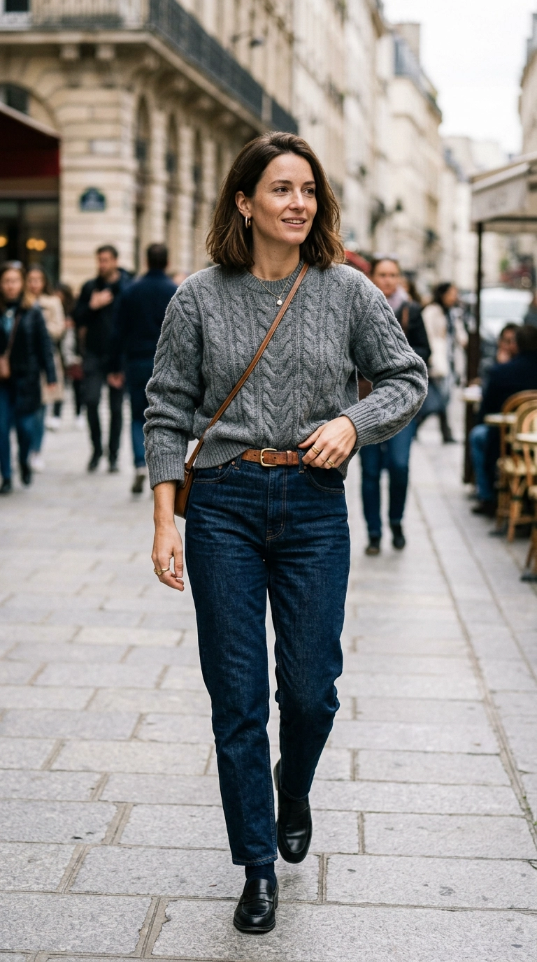 photorealistic luxury editorial fashion street style, mid-shot of a woman demonstrating a perfect front tuck with a gray cable knit sweater into dark denim, shot on 35mm lens, highly detailed, ultra-realistic, soft natural lighting, editorial aesthetic, no text --ar 9:16