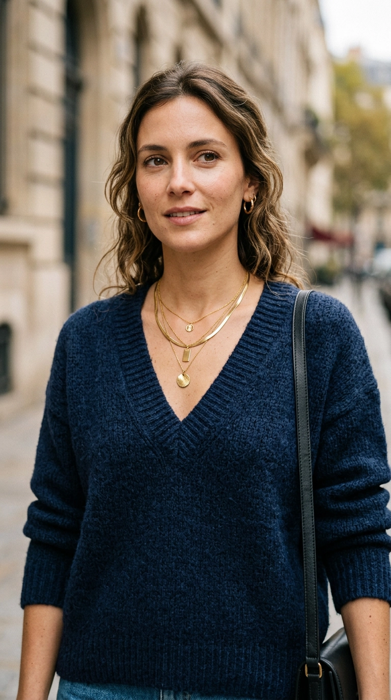 photorealistic luxury editorial fashion street style, close-up shot of a woman wearing a deep V-neck knit sweater with layered gold necklaces, soft natural lighting, shot on 35mm lens, highly detailed, ultra-realistic, editorial aesthetic, no text --ar 9:16