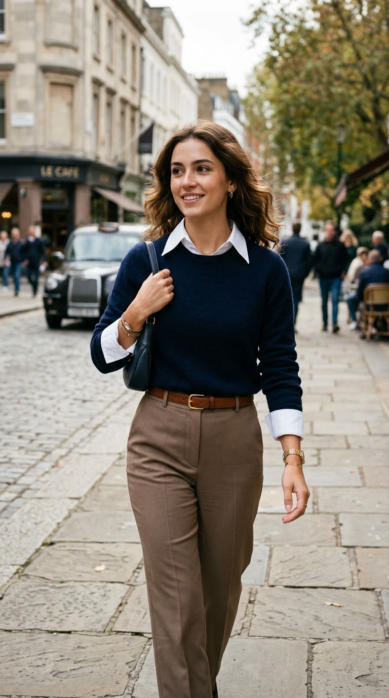 photorealistic luxury editorial fashion street style, woman wearing a crisp white collared shirt underneath a navy crew neck sweater, chic preppy look, shot on 35mm lens, highly detailed, ultra-realistic, soft natural lighting, editorial aesthetic, no text --ar 9:16