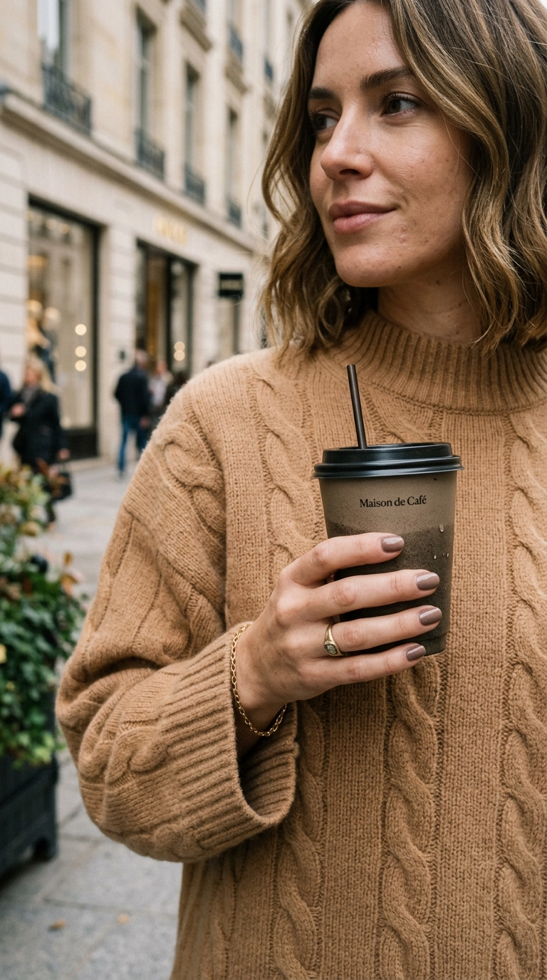 photorealistic luxury editorial fashion street style, high-end close up of a luxurious cashmere sweater texture, hand holding a designer coffee cup, shot on 35mm lens, highly detailed, ultra-realistic, soft natural lighting, editorial aesthetic, no text --ar 9:16