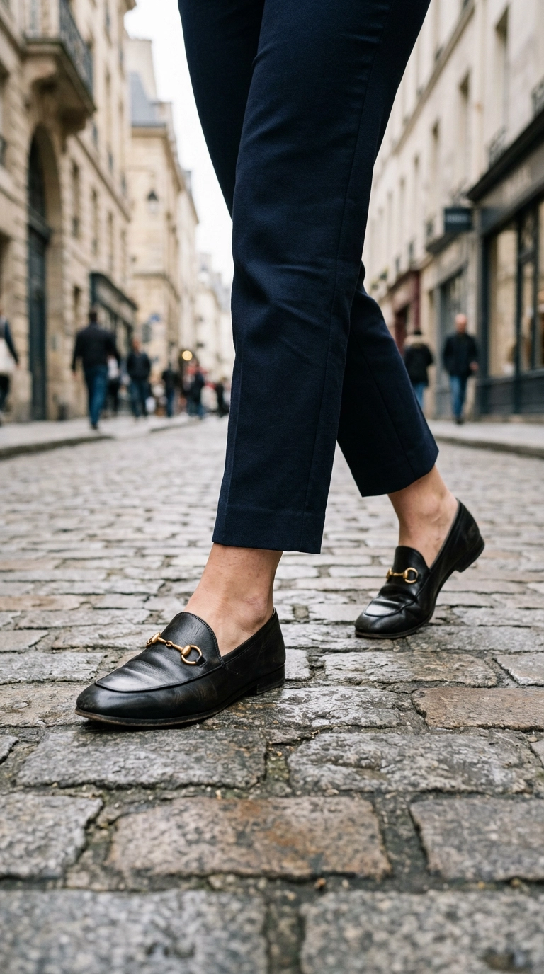 photorealistic luxury editorial fashion street style, close up of chic leather loafers and tailored trousers walking on a cobblestone street, shot on 35mm lens, highly detailed, ultra-realistic, soft natural lighting, editorial aesthetic, no text --ar 9:16