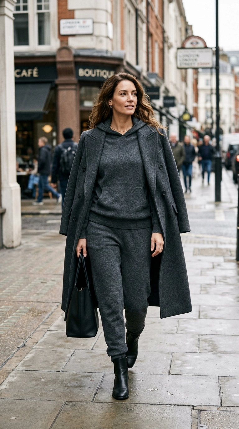 photorealistic luxury editorial fashion street style, a woman wearing a matching charcoal grey cashmere lounge set with a structured wool coat draped over her shoulders, walking on a city sidewalk, shot on 35mm lens, highly detailed, ultra-realistic, soft natural lighting, editorial aesthetic, no text --ar 9:16