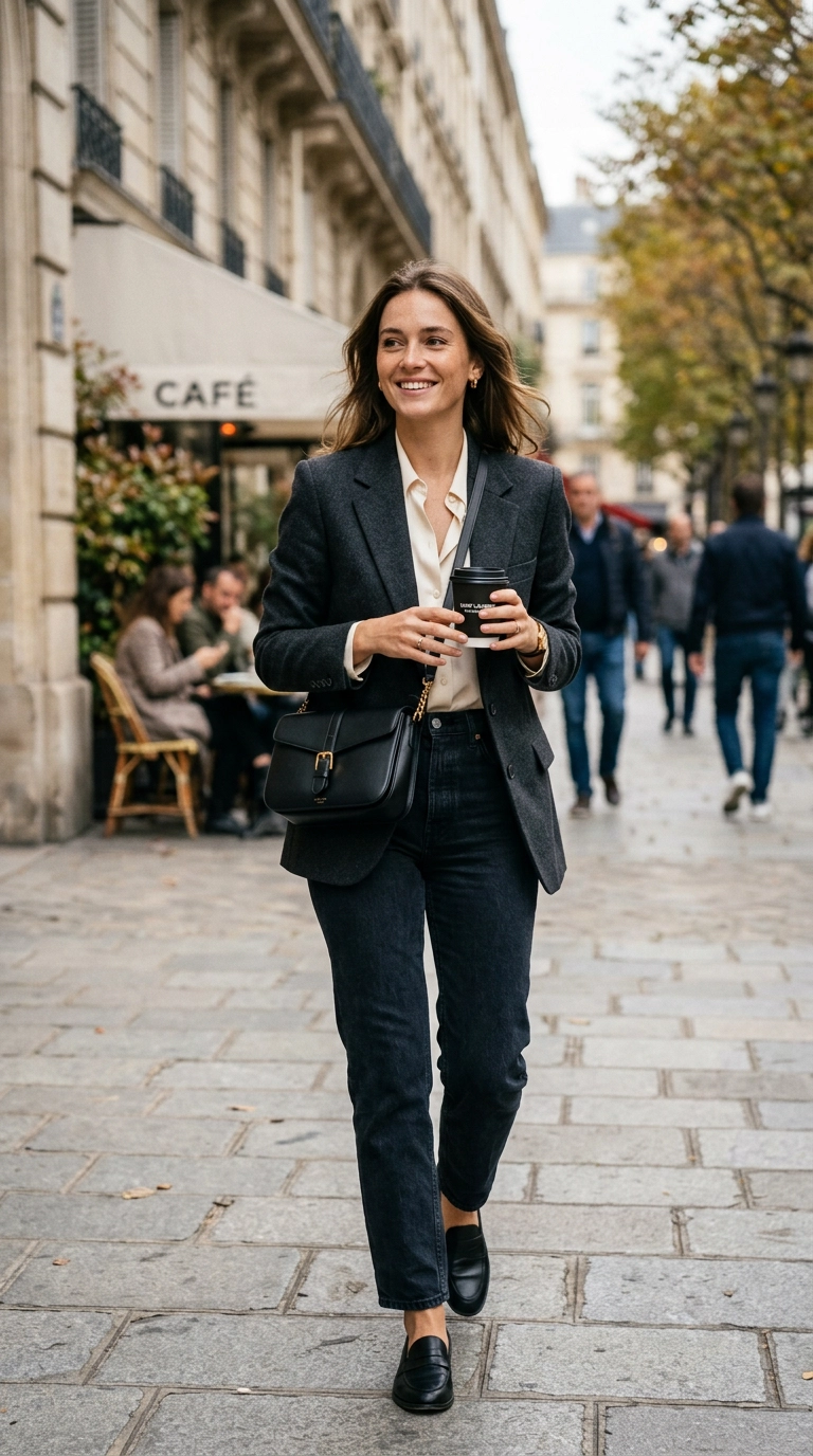 photorealistic luxury editorial fashion street style, a woman holding a medium-sized structured leather crossbody bag and a designer coffee cup, shot on 35mm lens, highly detailed, ultra-realistic, soft natural lighting, editorial aesthetic, no text --ar 9:16