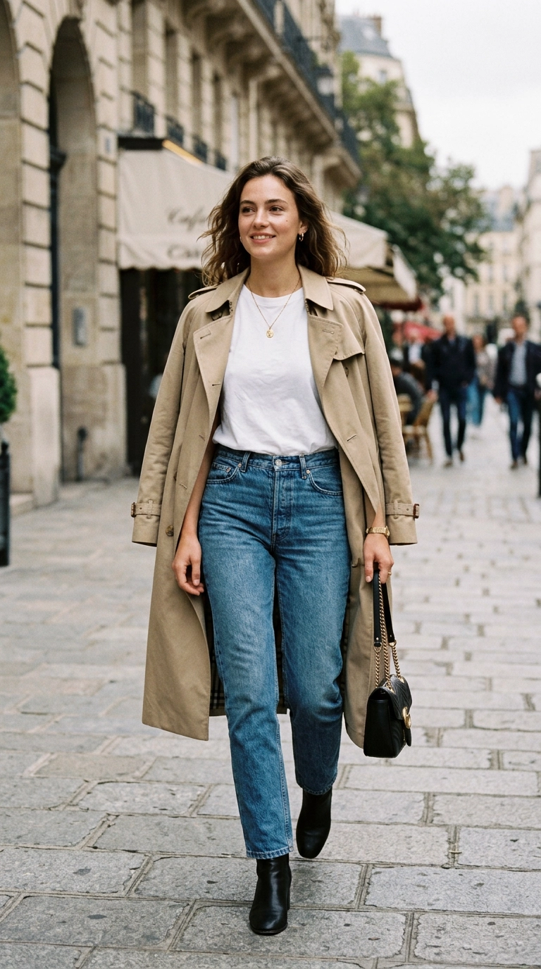 photorealistic luxury editorial fashion street style, a woman wearing a white tee and jeans layered with a perfectly draped trench coat, shot on 35mm lens, highly detailed, ultra-realistic, soft natural lighting, editorial aesthetic, no text --ar 9:16