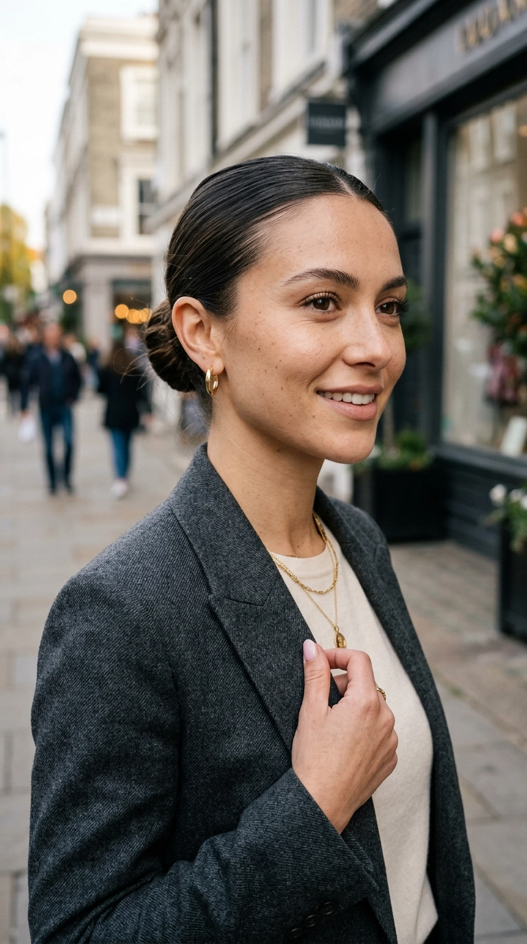 photorealistic luxury editorial fashion street style, close up of a woman with a sleek low bun and minimal gold hoop earrings, soft natural lighting, shot on 35mm lens, highly detailed, ultra-realistic, editorial aesthetic, no text --ar 9:16