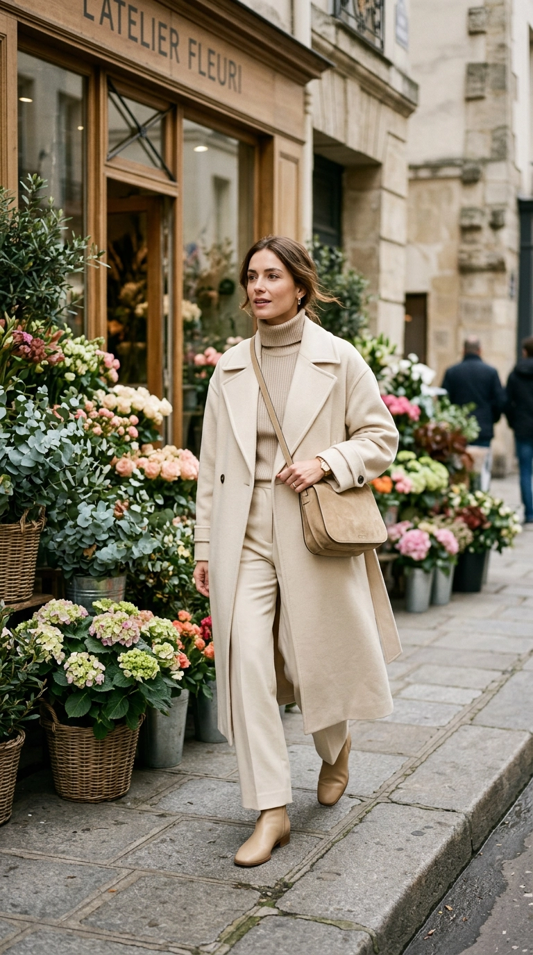 photorealistic luxury editorial fashion street style, a woman wearing a tonal outfit of various shades of beige and cream, walking past a flower shop, shot on 35mm lens, highly detailed, ultra-realistic, soft natural lighting, editorial aesthetic, no text --ar 9:16
