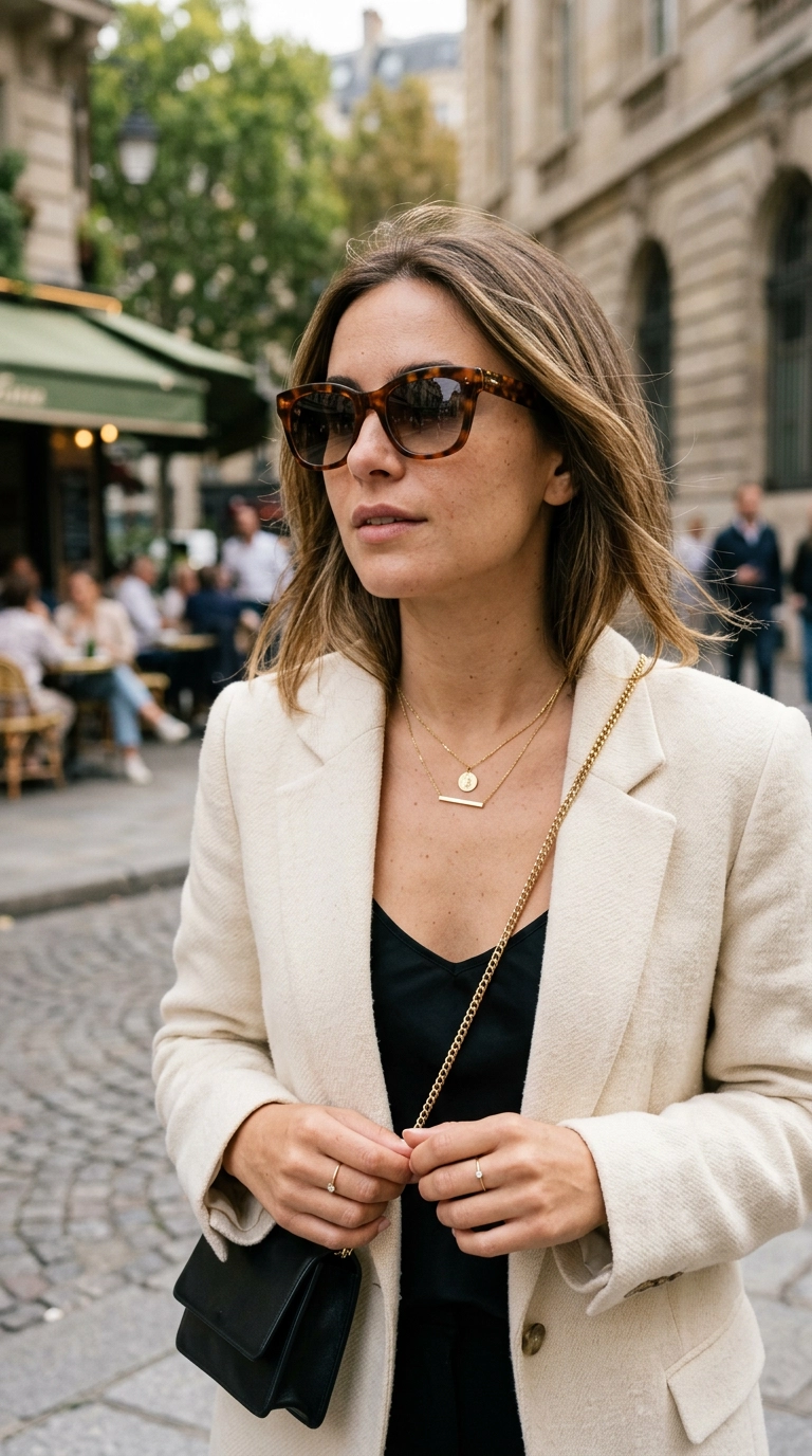 photorealistic luxury editorial fashion street style, close up of a woman wearing high-quality tortoiseshell sunglasses and a delicate gold necklace, shot on 35mm lens, highly detailed, ultra-realistic, soft natural lighting, editorial aesthetic, no text --ar 9:16