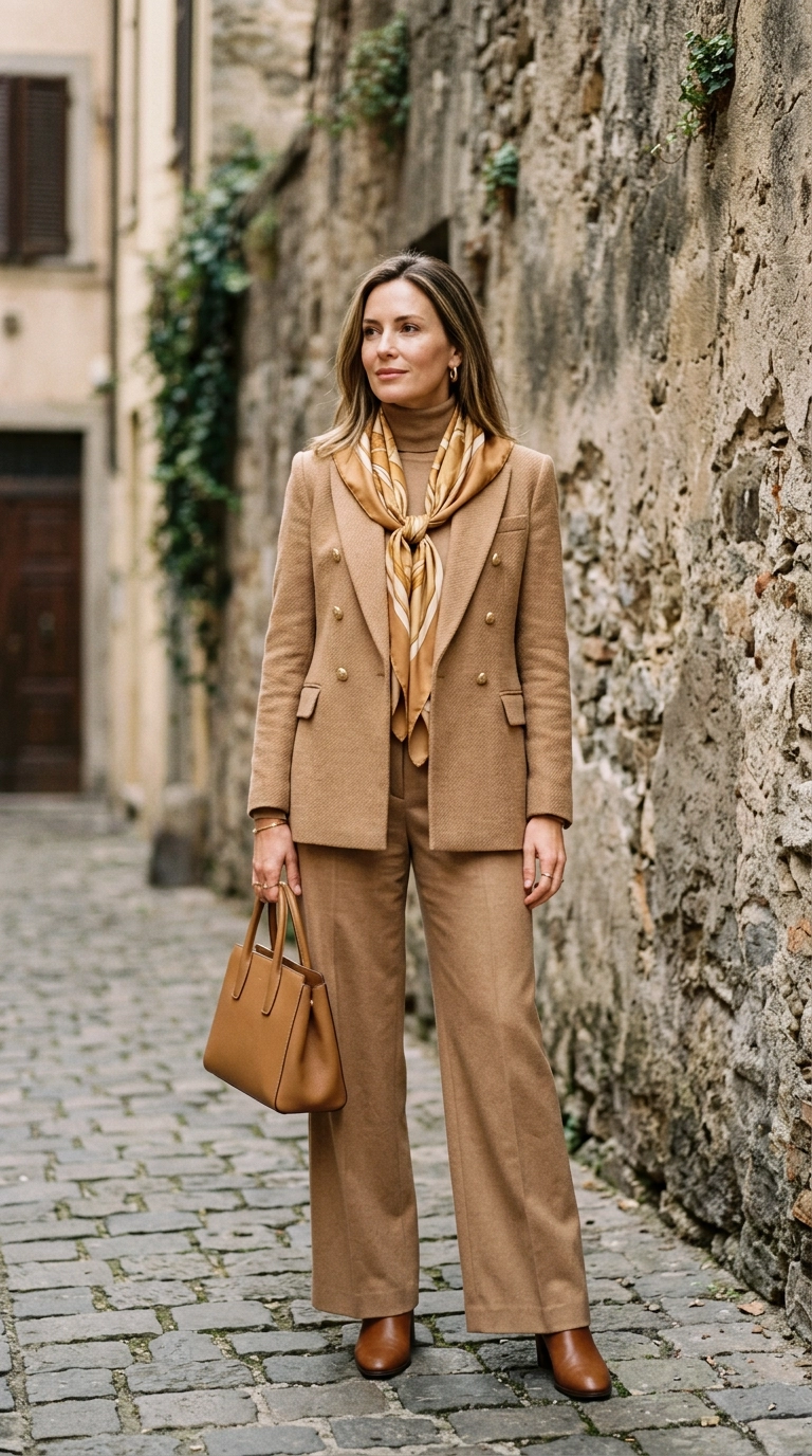 A chic woman standing against a stone wall wearing an all-camel outfit with perfectly matched warm undertones, including a wool blazer and silk scarf, photorealistic luxury editorial fashion street style, shot on 35mm lens, highly detailed, ultra-realistic, soft natural lighting, editorial aesthetic. No text. --ar 9:16