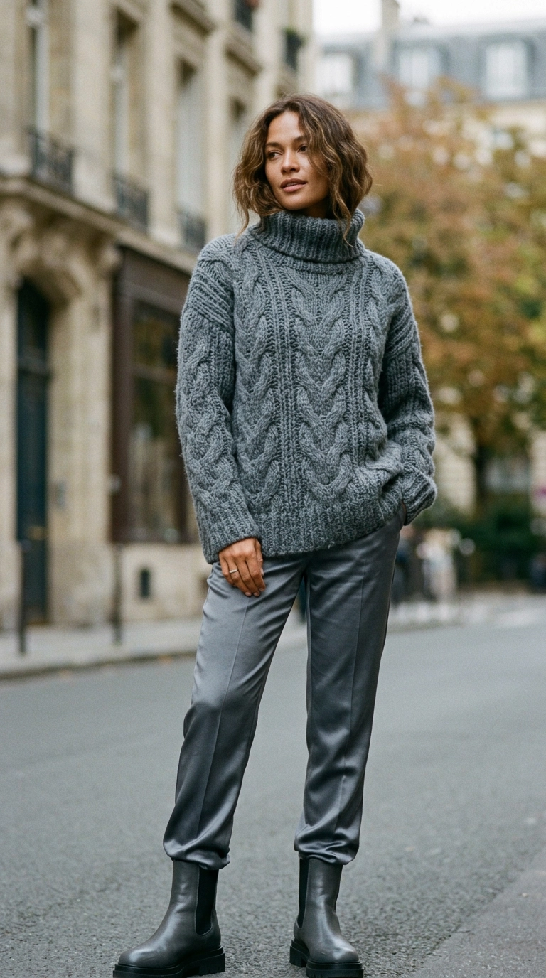 Close-up of a high-fashion outfit featuring a thick chunky knit wool sweater paired with sleek satin trousers in a matching shade of slate grey, photorealistic luxury editorial fashion street style, shot on 35mm lens, highly detailed, ultra-realistic, soft natural lighting, editorial aesthetic. No text. --ar 9:16