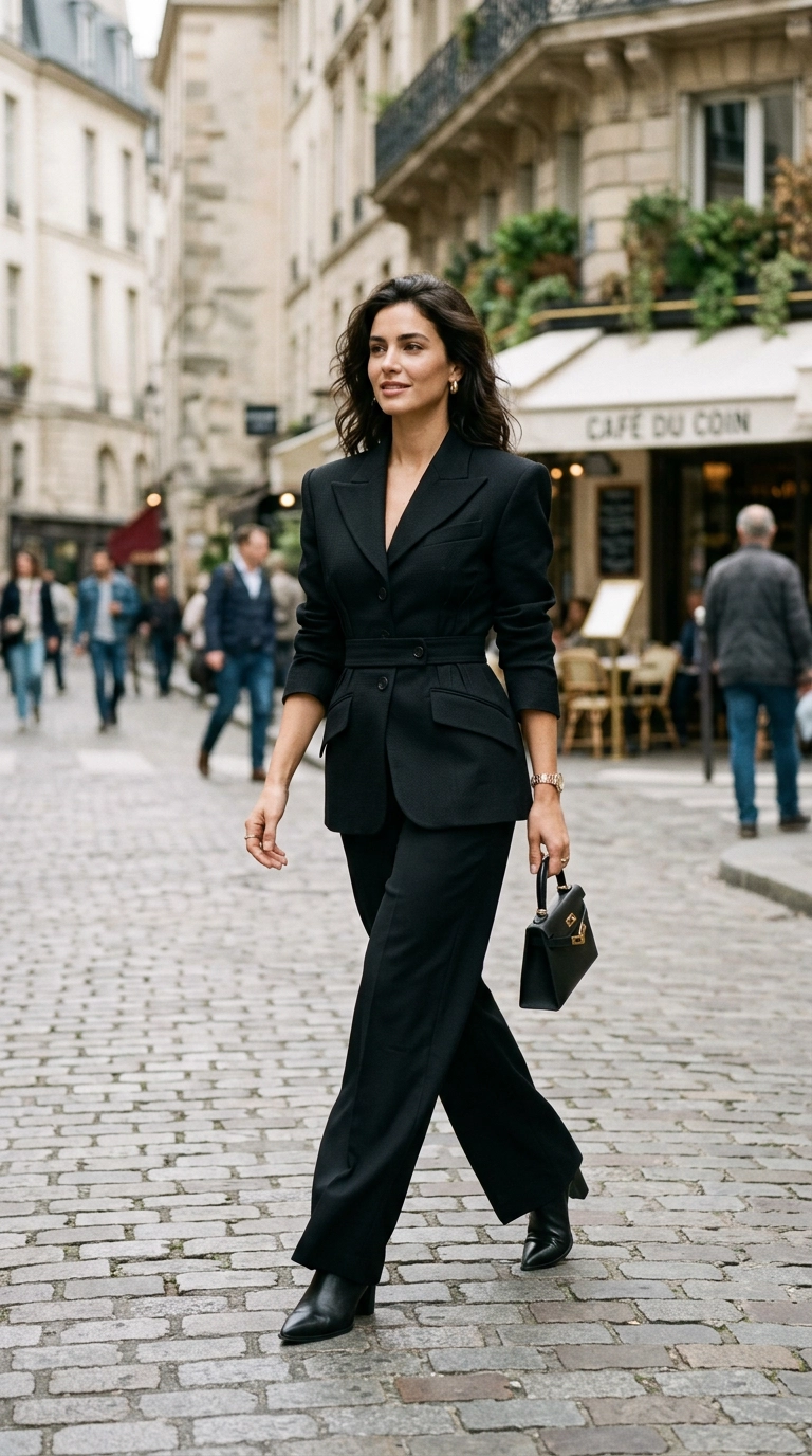 Full body shot of a woman in an all-black structured outfit featuring a cinched waist blazer and wide-leg tailored pants, dramatic architectural silhouette, photorealistic luxury editorial fashion street style, shot on 35mm lens, highly detailed, ultra-realistic, soft natural lighting, editorial aesthetic. No text. --ar 9:16