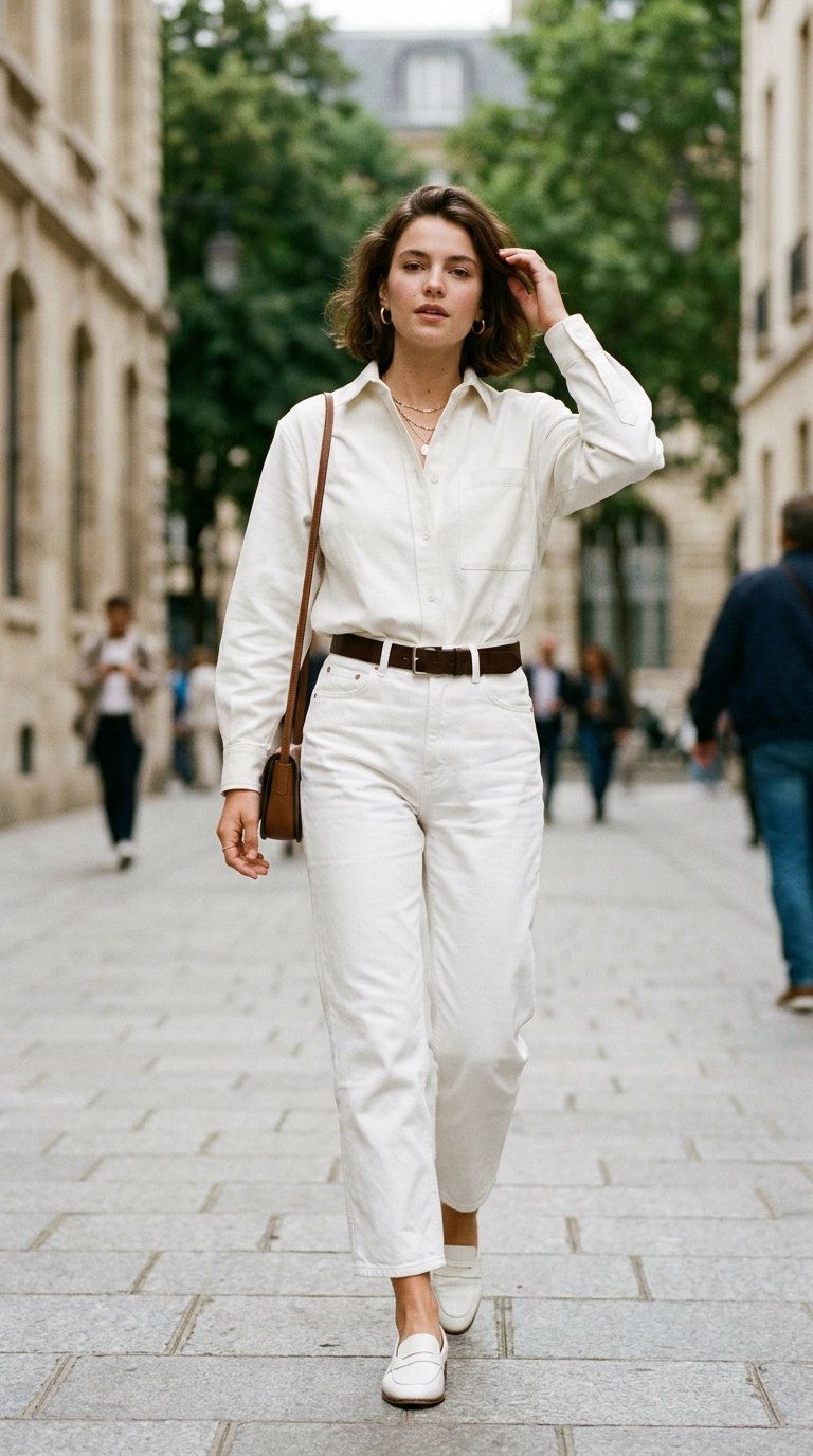 A model wearing high-quality thick white denim and a structured heavy cotton shirt, looking crisp and opaque, photorealistic luxury editorial fashion street style, shot on 35mm lens, highly detailed, ultra-realistic, soft natural lighting, editorial aesthetic. No text. --ar 9:16