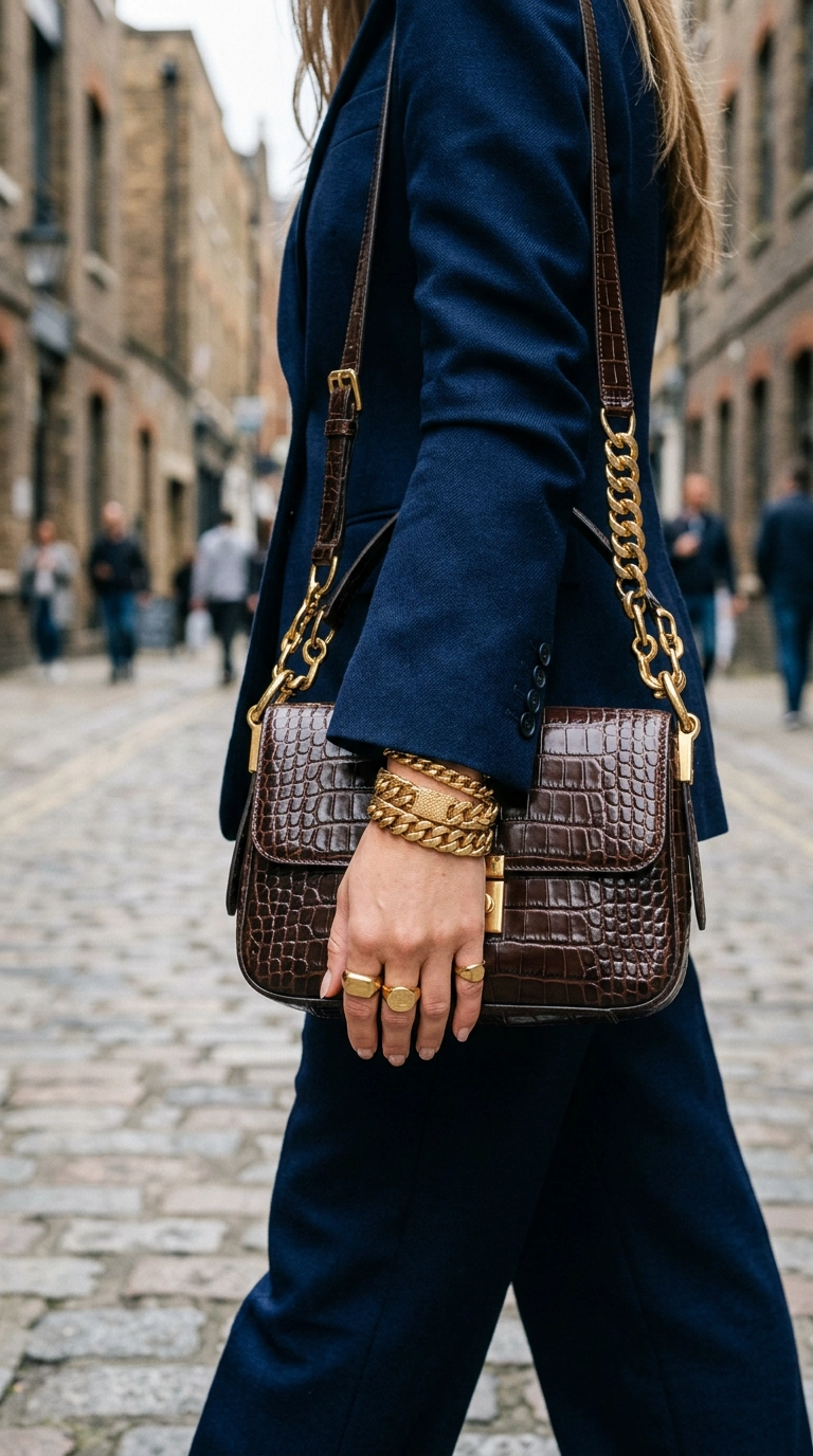 Detailed shot of gold heavy-link jewelry and a croc-embossed leather bag against a navy blue monochrome suit, photorealistic luxury editorial fashion street style, shot on 35mm lens, highly detailed, ultra-realistic, soft natural lighting, editorial aesthetic. No text. --ar 9:16