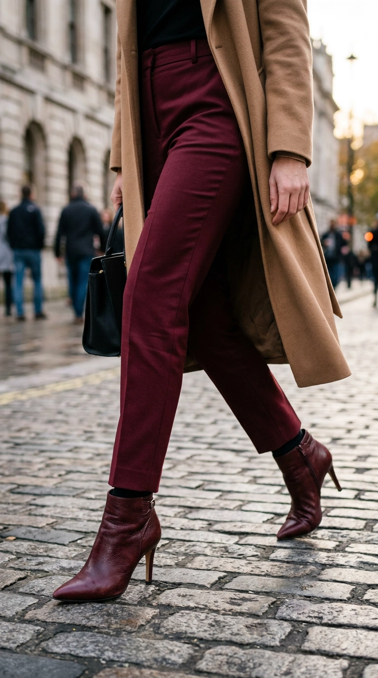 Focus on a woman's legs wearing burgundy pointed-toe boots that perfectly match her tailored burgundy trousers, creating a long vertical line, photorealistic luxury editorial fashion street style, shot on 35mm lens, highly detailed, ultra-realistic, soft natural lighting, editorial aesthetic. No text. --ar 9:16