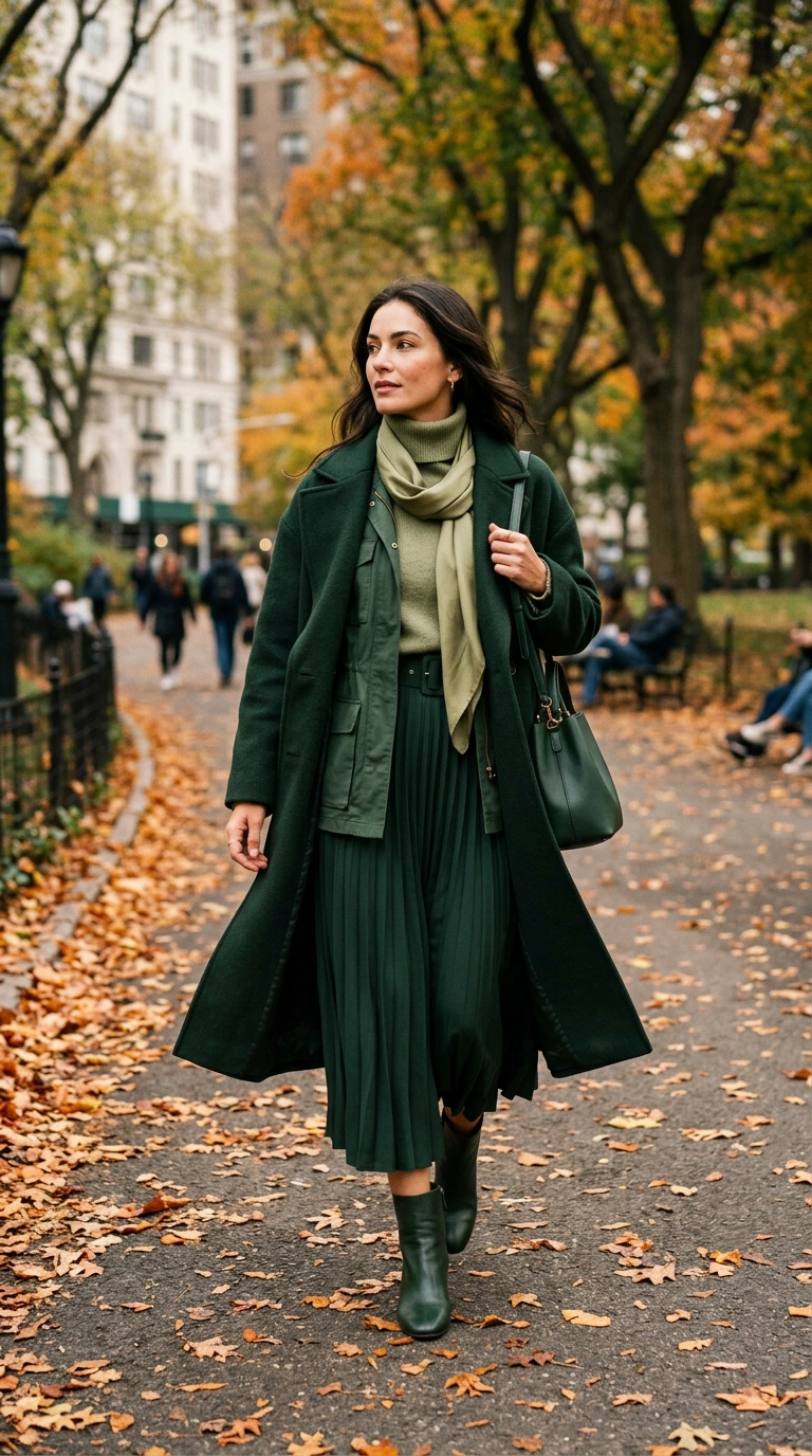 A woman layered in various shades of deep forest green and light olive, walking through a city park with autumn leaves, photorealistic luxury editorial fashion street style, shot on 35mm lens, highly detailed, ultra-realistic, soft natural lighting, editorial aesthetic. No text. --ar 9:16