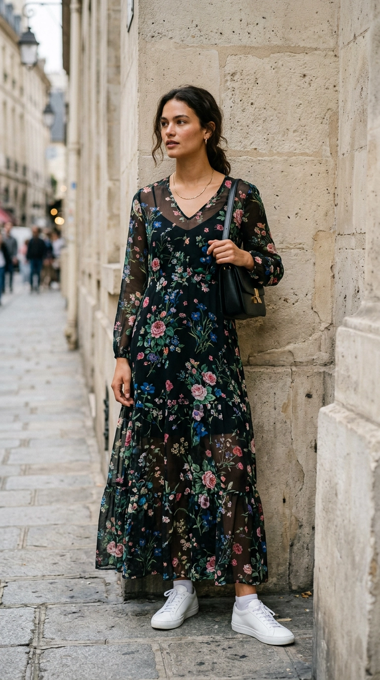 A high-fashion model wearing a sheer floral maxi dress with sleek, minimalist sneakers, standing against a neutral stone wall, photorealistic luxury editorial fashion street style, shot on 35mm lens, highly detailed, ultra-realistic, soft natural lighting, editorial aesthetic, no text or typography --ar 9:16