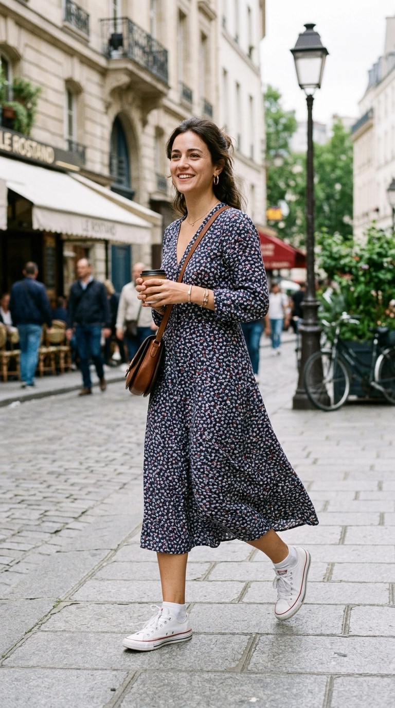 A street style shot of a woman in a tea-length dress and low-top sneakers showing a clear gap at the ankle, photorealistic luxury editorial fashion street style, shot on 35mm lens, highly detailed, ultra-realistic, soft natural lighting, editorial aesthetic, no text or typography --ar 9:16