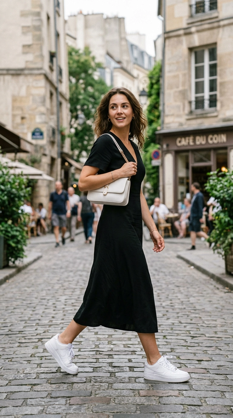 A woman wearing a black dress, a white bag, and white sneakers, perfectly color coordinated, photorealistic luxury editorial fashion street style, shot on 35mm lens, highly detailed, ultra-realistic, soft natural lighting, editorial aesthetic, no text or typography --ar 9:16