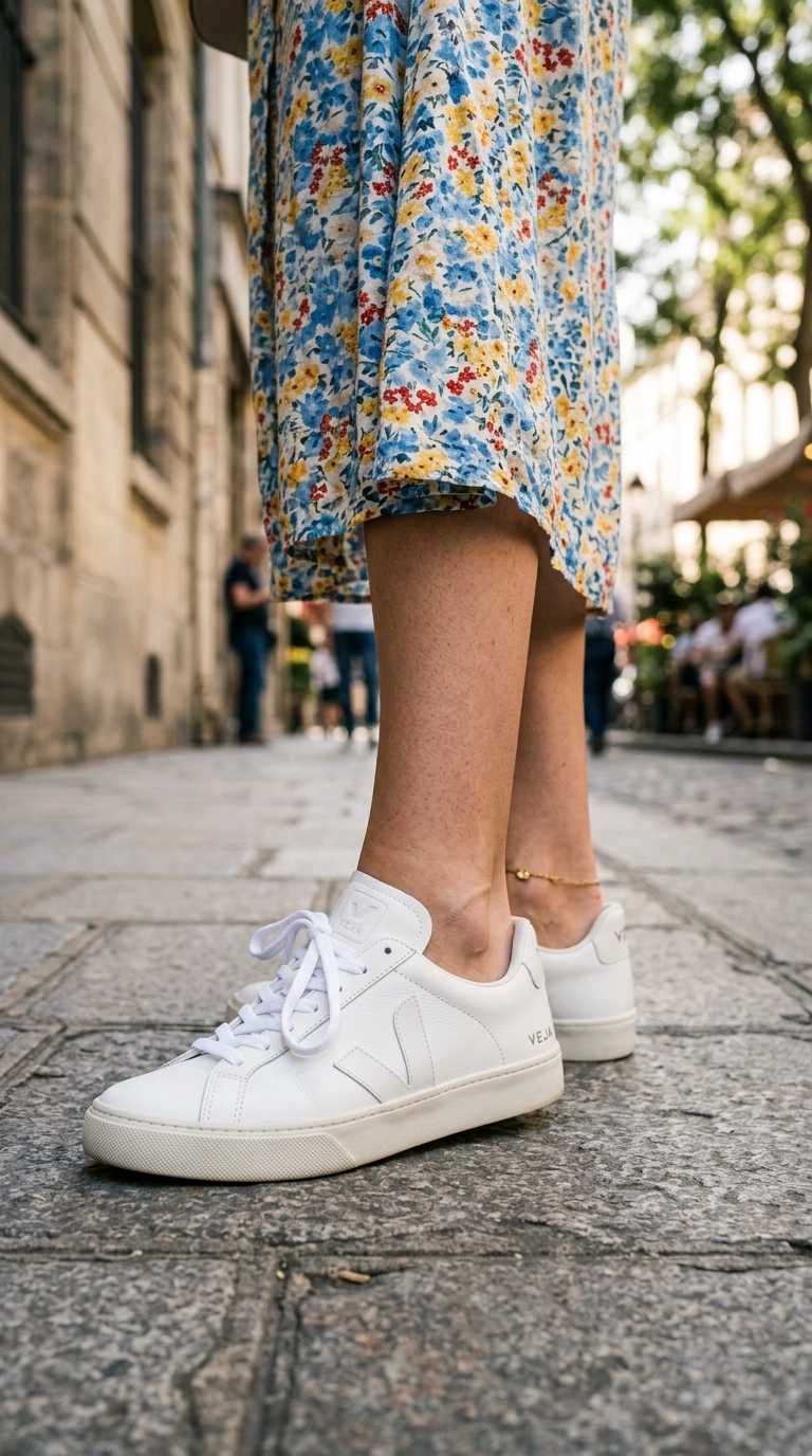 Close up of clean white leather sneakers paired with a summer dress, no socks visible, photorealistic luxury editorial fashion street style, shot on 35mm lens, highly detailed, ultra-realistic, soft natural lighting, editorial aesthetic, no text or typography --ar 9:16