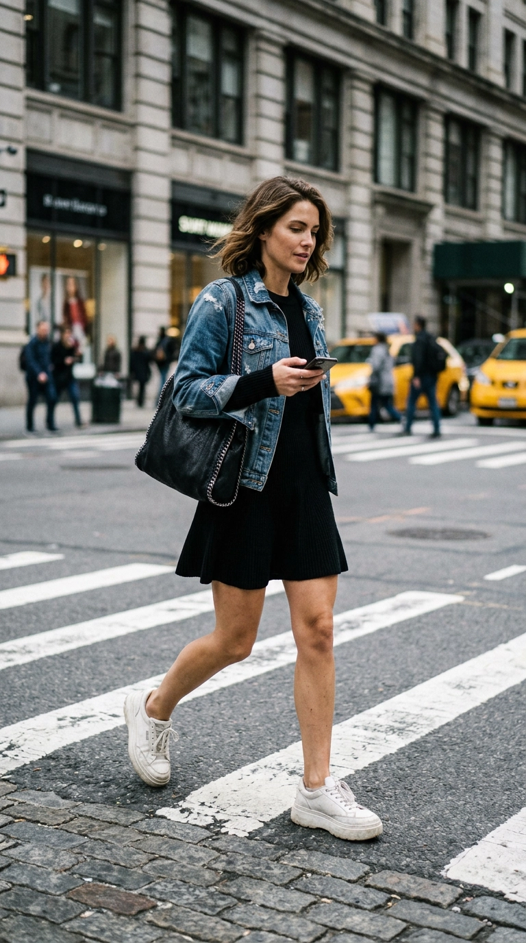 A woman in a mini dress and platform sneakers walking across a city street, photorealistic luxury editorial fashion street style, shot on 35mm lens, highly detailed, ultra-realistic, soft natural lighting, editorial aesthetic, no text or typography --ar 9:16
