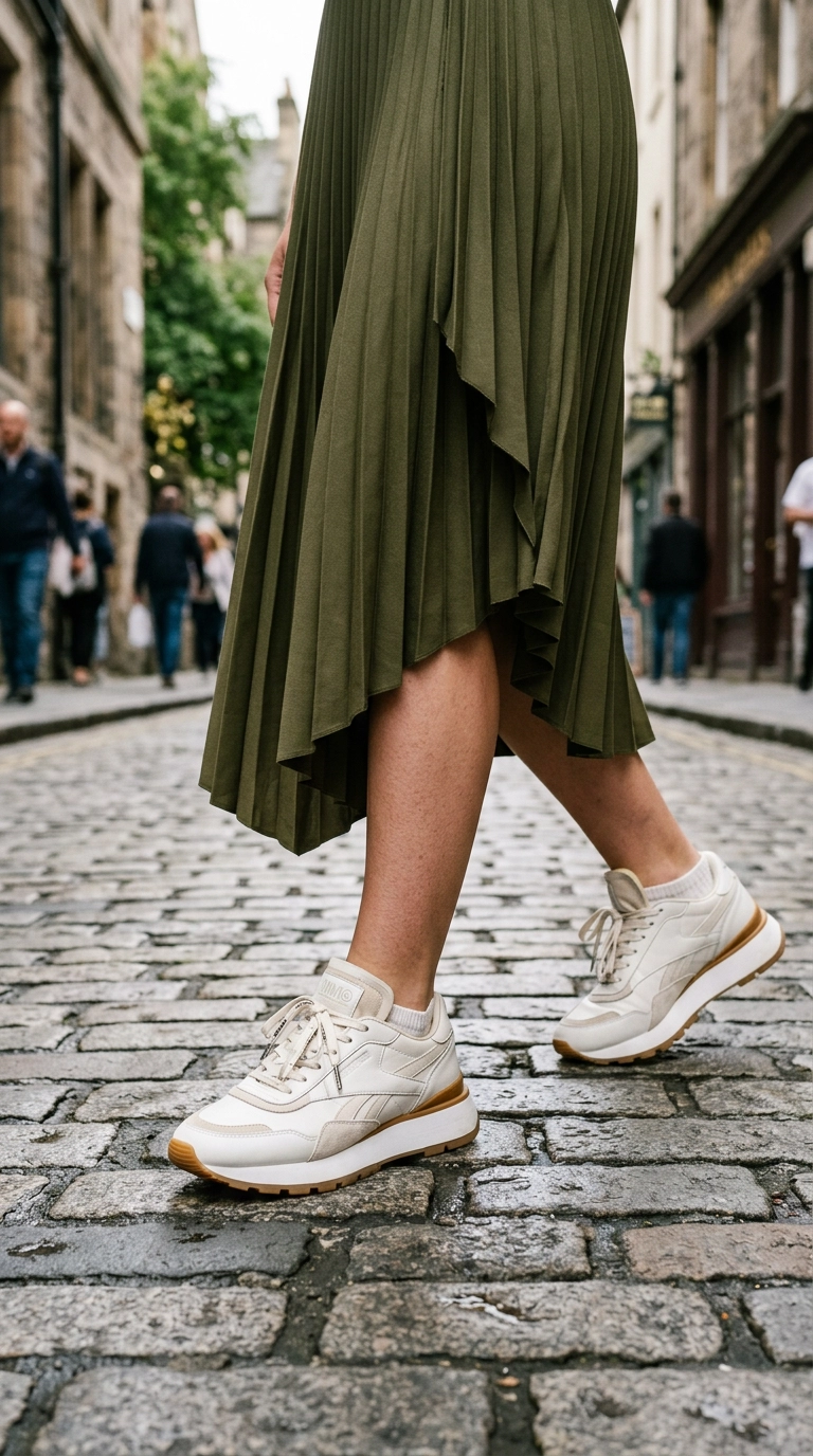 Detailed shot of pristine, polished designer sneakers under a high-fashion skirt, photorealistic luxury editorial fashion street style, shot on 35mm lens, highly detailed, ultra-realistic, soft natural lighting, editorial aesthetic, no text or typography --ar 9:16