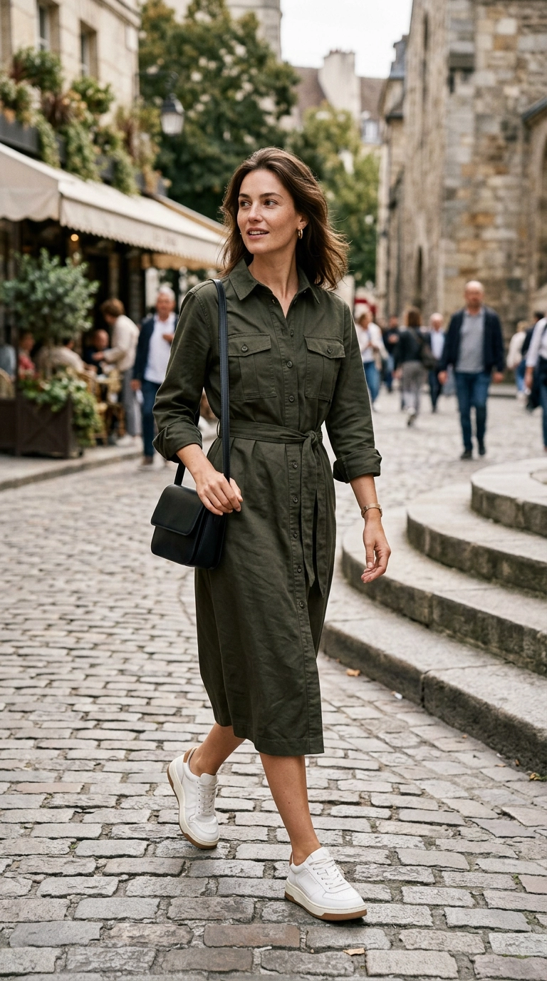 A woman in a heavy cotton shirt dress paired with structured leather sneakers, photorealistic luxury editorial fashion street style, shot on 35mm lens, highly detailed, ultra-realistic, soft natural lighting, editorial aesthetic, no text or typography --ar 9:16
