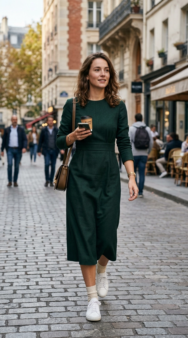 A woman in a perfectly tailored midi dress and sneakers, photorealistic luxury editorial fashion street style, shot on 35mm lens, highly detailed, ultra-realistic, soft natural lighting, editorial aesthetic, no text or typography --ar 9:16