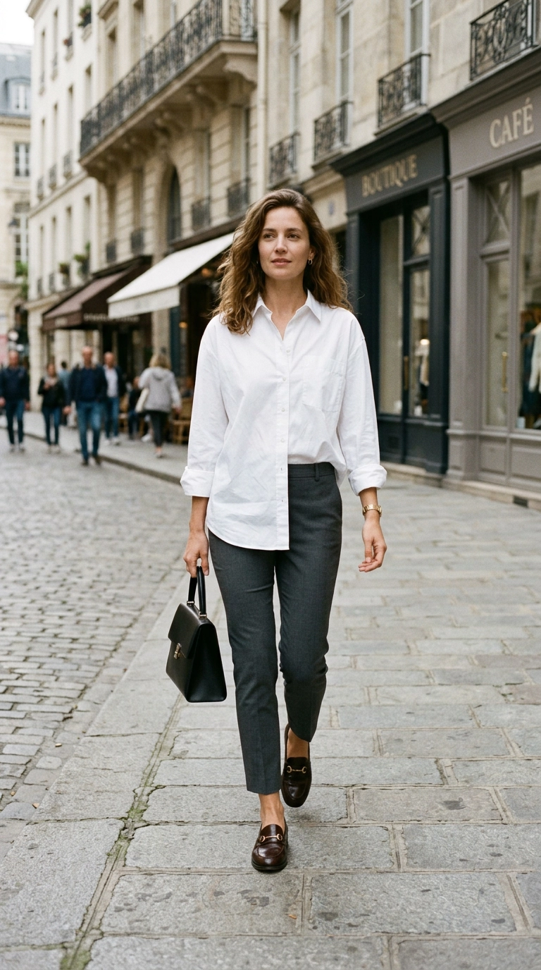 photorealistic luxury editorial fashion street style, shot on 35mm lens, highly detailed, ultra-realistic, soft natural lighting, editorial aesthetic. A woman wearing an oversized crisp white button-down shirt tucked into slim-fit charcoal cigarette pants, high-end leather loafers, full-body shot. No text or typography. --ar 9:16