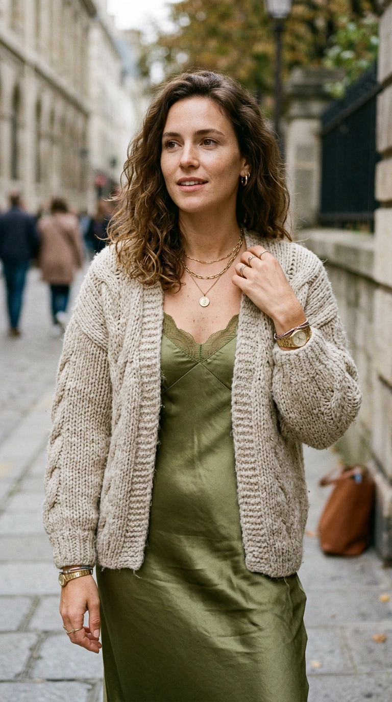 photorealistic luxury editorial fashion street style, shot on 35mm lens, highly detailed, ultra-realistic, soft natural lighting, editorial aesthetic. A close-up mid-shot of a woman layering a chunky wool knit sweater over a silk slip dress, mixing textures, soft neutral tones. No text or typography. --ar 9:16