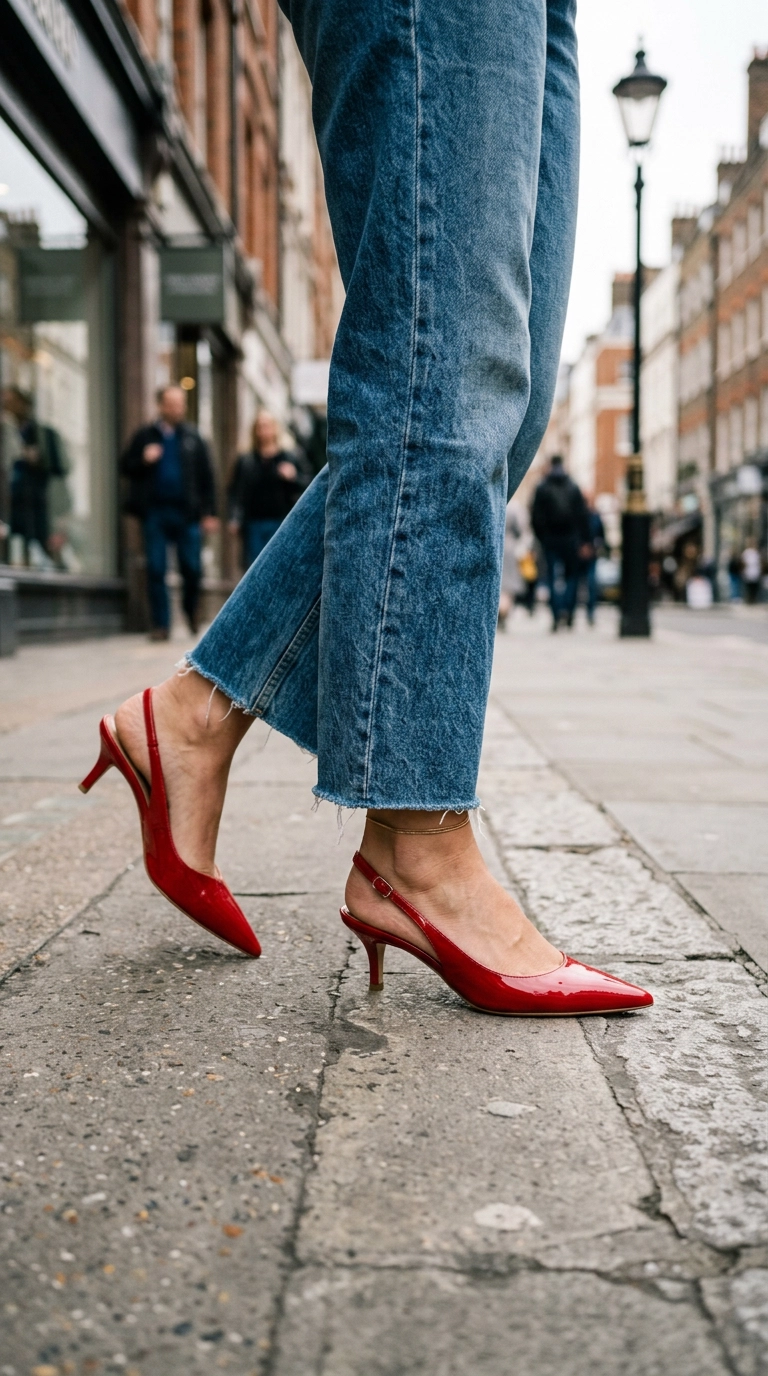 photorealistic luxury editorial fashion street style, shot on 35mm lens, highly detailed, ultra-realistic, soft natural lighting, editorial aesthetic. Close up of feet walking, wearing sharp pointed-toe red kitten heels paired with relaxed blue jeans, urban sidewalk. No text or typography. --ar 9:16