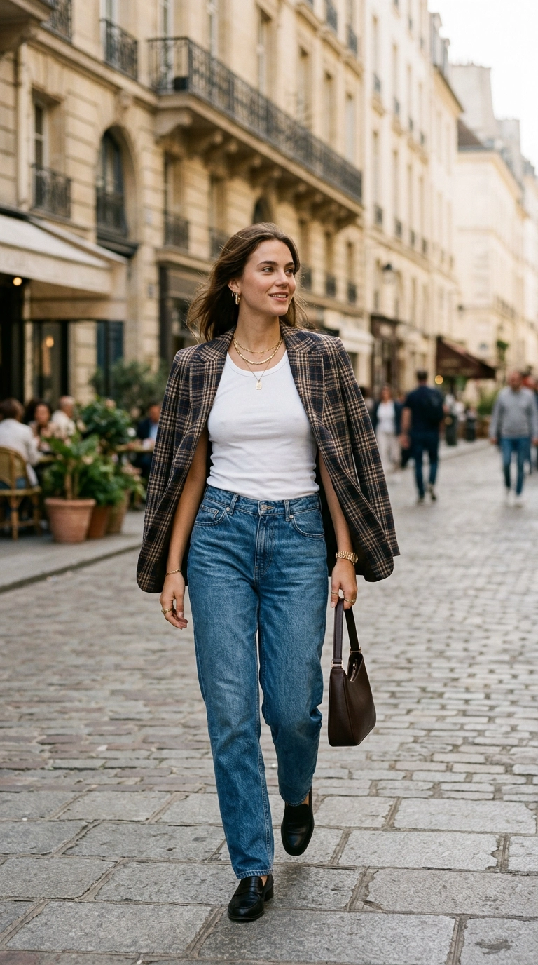 photorealistic luxury editorial fashion street style, shot on 35mm lens, highly detailed, ultra-realistic, soft natural lighting, editorial aesthetic. A woman wearing jeans and a white tank top, elevated by a structured plaid blazer draped over her shoulders, gold jewelry. No text or typography. --ar 9:16