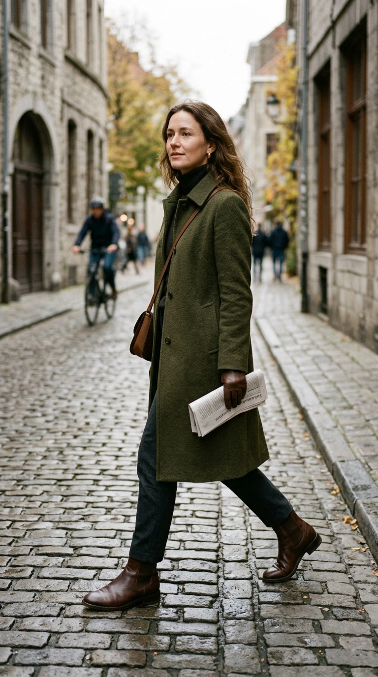 A woman wearing sleek almond-toe leather boots with a mid-length wool coat, walking on a cobblestone street, photorealistic luxury editorial fashion street style, shot on 35mm lens, highly detailed, ultra-realistic, soft natural lighting, editorial aesthetic, no text --ar 9:16