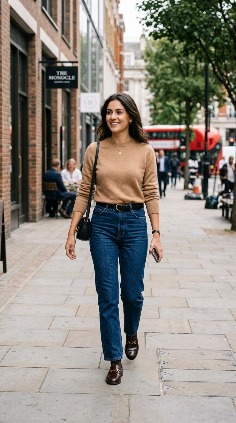 A woman wearing high-waisted dark wash straight-leg jeans with a tucked-in cashmere sweater and leather loafers, walking in a modern urban setting, photorealistic luxury editorial fashion street style, shot on 35mm lens, highly detailed, ultra-realistic, soft natural lighting, editorial aesthetic, no text --ar 9:16
