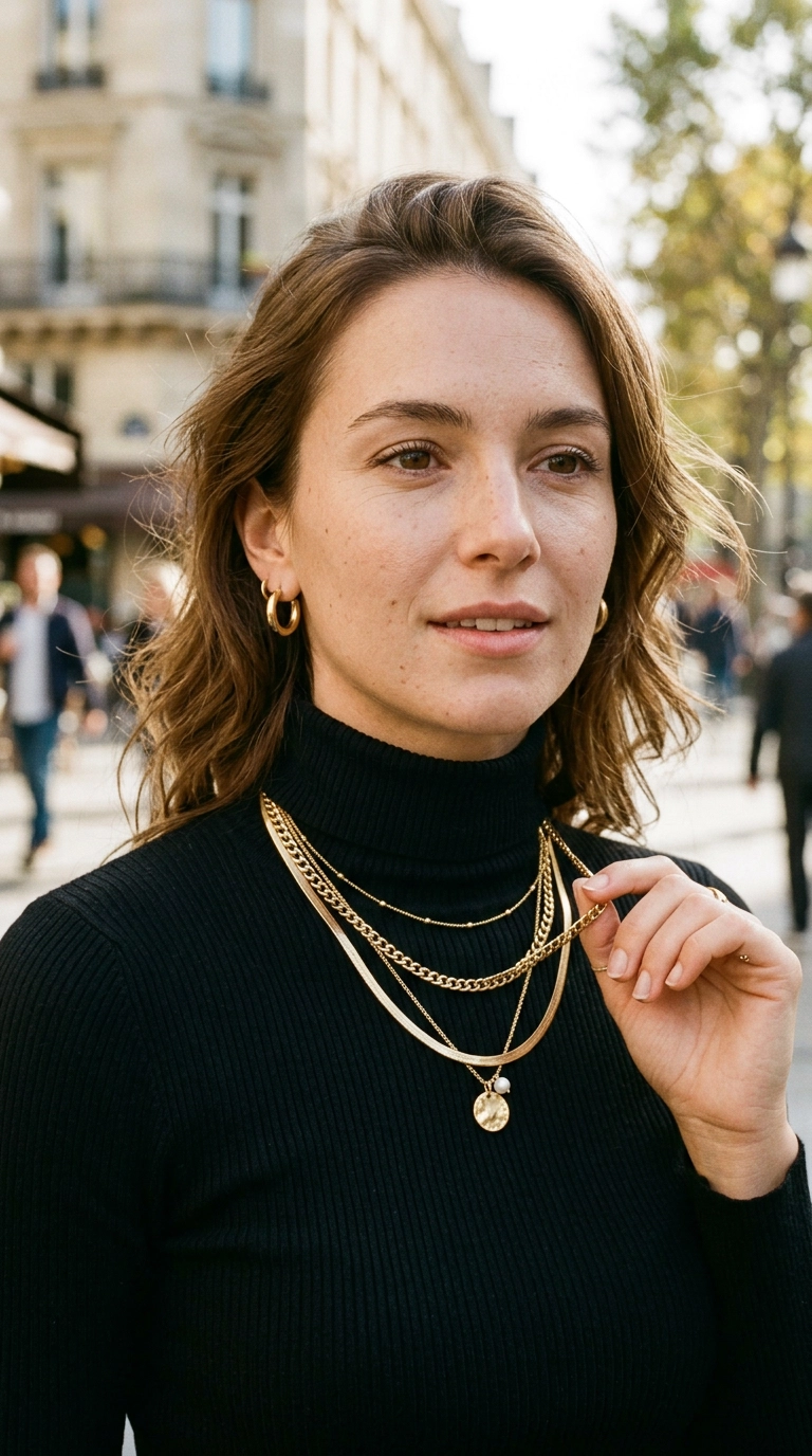 A close-up of a woman wearing layered gold chains of different textures and small hoop earrings, paired with a simple black turtleneck, photorealistic luxury editorial fashion street style, shot on 35mm lens, highly detailed, ultra-realistic, soft natural lighting, editorial aesthetic, no text --ar 9:16